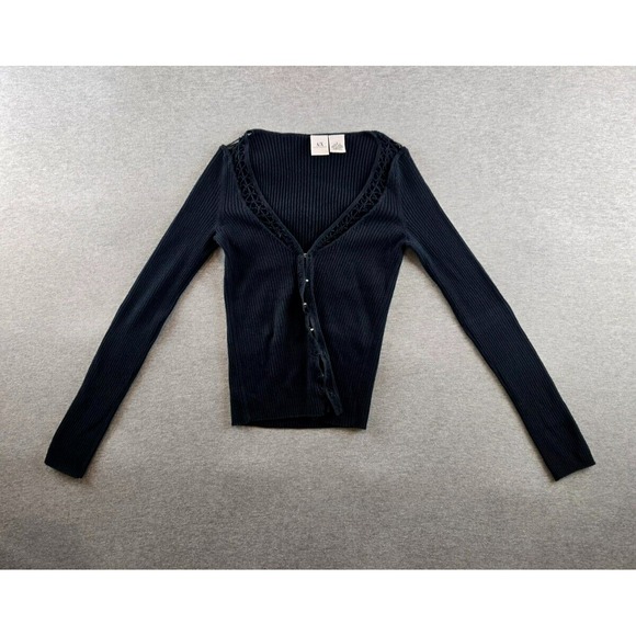Armani Exchange Women's Ribbed‎ Cardigan Size Small Black Lace Trim Asymmetrical - Picture 1 of 10